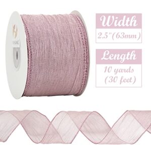 HUIHUANG Dusty Rose Wired Ribbon Crinkle Wire Ribbon 2.5 inch Wide Metallic Wired Wedding Ribbon for Gift Wrapping Basket Wreaths Bows Making Home Decor DIY Crafts Christmas Tree Top Bows-10 Yards