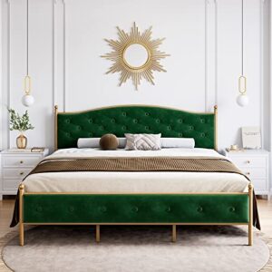 senfot king size bed frame upholstered platform bed with velvet and button tufted headboard, heavy duty metal mattress foundation and wooden slats, no box spring needed in gold and green
