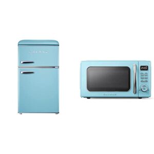 galanz glr31tbeer retro compact refrigerator, mini fridge with dual doors, 3.1 cu ft, blue & glcmkz11ber10 retro countertop microwave oven with auto cook & reheat, defrost, 1.1 cu ft, blue
