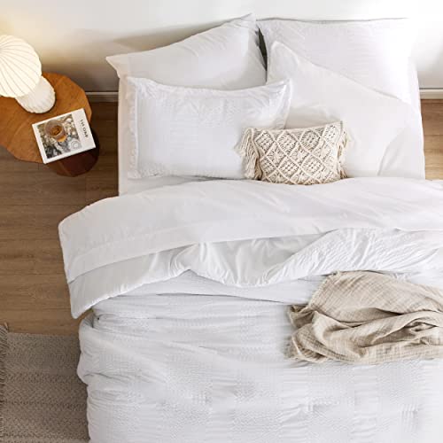 Bedsure White King Size Comforter Set - Bed in a Bag King 7 Pieces Stripes Seersucker Bedding Set, Soft Lightweight Down Alternative Comforter, King Bed Set (White, King)