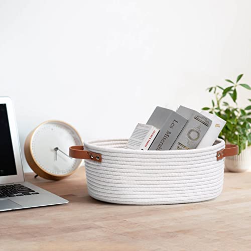 CHICVITA Small Woven Basket for Shelves, Cotton Rope Storage Basket Dog Toy Basket, Empty Gift Basket with Handles, White Toilet Paper Tank, 12 x 8 x 5 inches, 2 Pcs