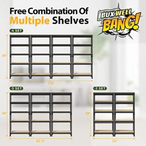 BuxWellBang 5-Shelf Heavy Duty Shelving - Adjustable Garage Storage Shelves, Metal Utility Storage Racks for Warehouse Pantry Basement Kitchen, Garage Organizers Shelf Unit, Black