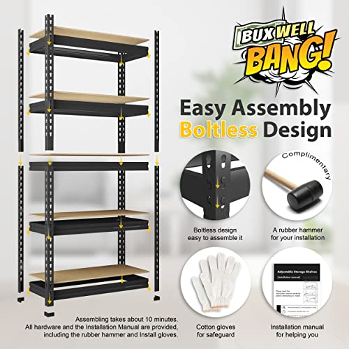 BuxWellBang 5-Shelf Heavy Duty Shelving - Adjustable Garage Storage Shelves, Metal Utility Storage Racks for Warehouse Pantry Basement Kitchen, Garage Organizers Shelf Unit, Black