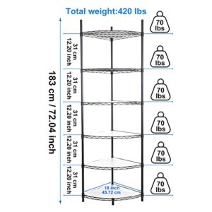 6 Tier NSF Metal Corner Shelf Wire Shelving Unit, 420lbs Capacity Heavy Duty Adjustable Storage Rack with Shelf Liners for Closet Kitchen Bathroom Garage Basement, 72" H x 18" L x 18" D - Black