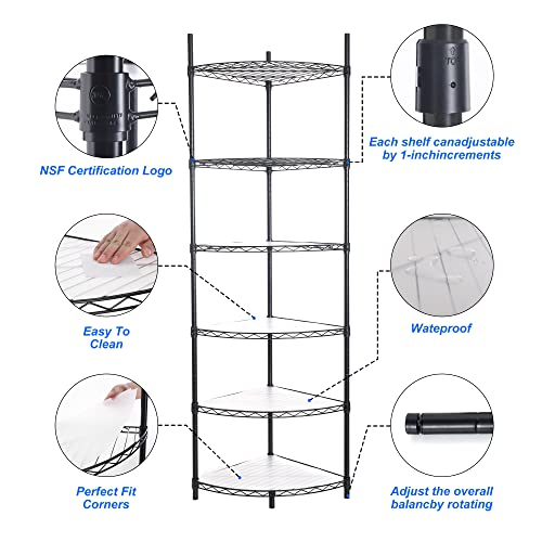 6 Tier NSF Metal Corner Shelf Wire Shelving Unit, 420lbs Capacity Heavy Duty Adjustable Storage Rack with Shelf Liners for Closet Kitchen Bathroom Garage Basement, 72" H x 18" L x 18" D - Black