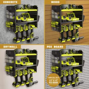 BUILTSTRONG Power Tool Organizer Wall Mount - 3-Tier Heavy-Duty Metal Hand Tool Storage Rack, Utility Racks, Drill Holder, PegBoard Side, & More - Garage Storage Cordless Tool Organizer (Green)