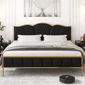 hithos king size bed frame, modern upholstered pu bed frame with tufted headboard, heavy duty platform bed with wood slat support, noise free, no box spring needed (black, king)