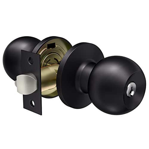 VICMEON Door Knob with Lock and Keys, Entry Door Knobs Exterior, Matte Black Locking Door Knobs with Keys, Round Ball Door Knobs for Bedroom(1Pack)