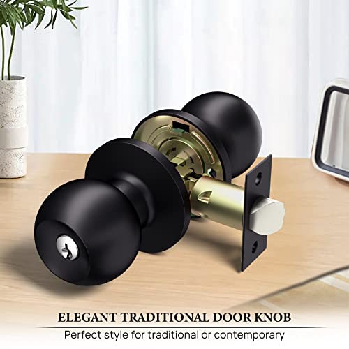 VICMEON Door Knob with Lock and Keys, Entry Door Knobs Exterior, Matte Black Locking Door Knobs with Keys, Round Ball Door Knobs for Bedroom(1Pack)