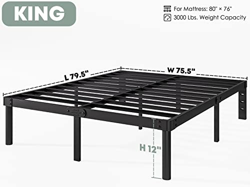 RLDVAY King-Bed-Frame, 12 Inch Metal-Bed-Frame-King, Heavy Duty Platform King Size Bed Frame No Box Spring Needed, Easy Assembly, Noise Free, Black