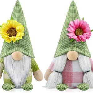 Godeufe Set of 2 Summer Gnomes Plush Flowers Spring Decorations Gift Handmade Elf Dwarf Figurines for Home Kitchen Farmhouse Tiered Tray Holiday Festival Party Scandinavian Tomte (Green)