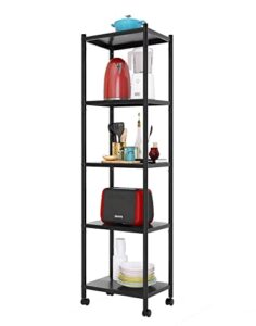 5-tier metal rolling cart organizer with wheels ，adjustable heavy duty free standing baker's rack for kitchens,storage tower for pantry laundry bathroom narrow places