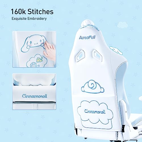 AutoFull Cinnamoroll Gaming Chair High Back Ergonomic Office Desk Computer Chair with Lumbar Support, Racing Style PU Leather Task Chair with Footrest, White & Blue