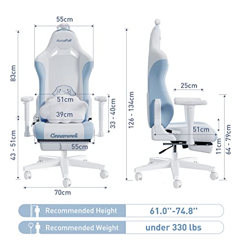 AutoFull Cinnamoroll Gaming Chair High Back Ergonomic Office Desk Computer Chair with Lumbar Support, Racing Style PU Leather Task Chair with Footrest, White & Blue