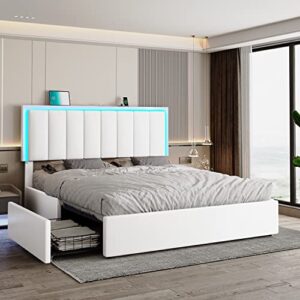 dictac queen bed frame with 4 drawers and usb ports modern upholstered platform led bed frame with storage drawers and led lights headboard,faux leather,no box spring needed, easy assembly,white