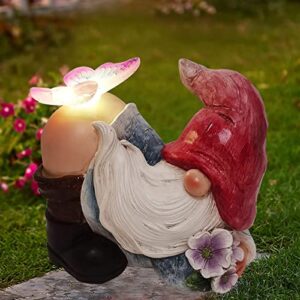 tstgee garden gnome statues - funny outdoor gnome figurine with butterfly solar garden lights outdoor led gnome decor waterproof for outside,yard art,garden gift