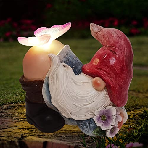 TSTGEE Garden Gnome Statues - Funny Outdoor Gnome Figurine with Butterfly Solar Garden Lights Outdoor Led Gnome Decor Waterproof for Outside,Yard Art,Garden Gift