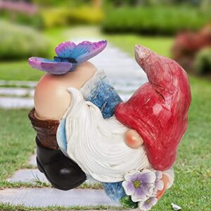 TSTGEE Garden Gnome Statues - Funny Outdoor Gnome Figurine with Butterfly Solar Garden Lights Outdoor Led Gnome Decor Waterproof for Outside,Yard Art,Garden Gift