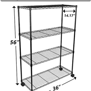 4-Tier Metal Heavy Duty Shelving Unit with Wheel, Storage Rack with Adjustable Feet, 36''W x14''D x54''H, Black