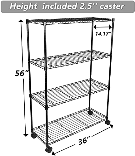 4-Tier Metal Heavy Duty Shelving Unit with Wheel, Storage Rack with Adjustable Feet, 36''W x14''D x54''H, Black