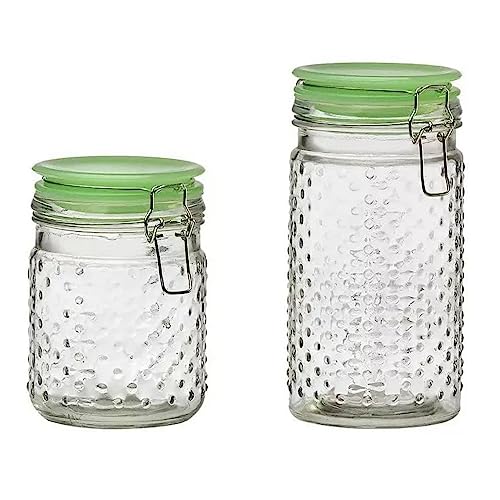 Amici Home Emma Jade Hobnail Collection Glass Jar | Set of 2 | Hermetic Lid | Airtight | Store Dry Goods, Flour, Pasta, or Snack | 24 and 36-Ounce Capacity