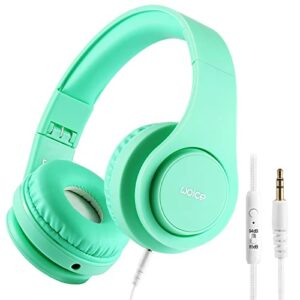 kids wired headphones with microphone, 85/94db volume limiter, shareport, foldable adjustable stereo tangle-free 3.5mm wire cord over-ear headphone for smartphones/pc/tablet/school/trip(green)