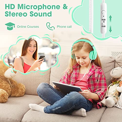 Kids Wired Headphones with Microphone, 85/94dB Volume Limiter, Shareport, Foldable Adjustable Stereo Tangle-Free 3.5MM Wire Cord Over-Ear Headphone for Smartphones/PC/Tablet/School/Trip(Green)