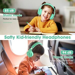 Kids Wired Headphones with Microphone, 85/94dB Volume Limiter, Shareport, Foldable Adjustable Stereo Tangle-Free 3.5MM Wire Cord Over-Ear Headphone for Smartphones/PC/Tablet/School/Trip(Green)