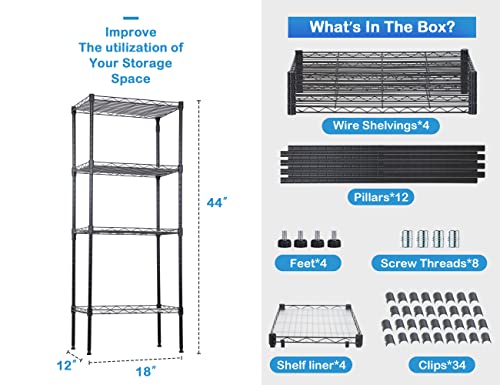 Metal Shelving, 4 Tier Wire Shelving Unit, Adjustable Strong Steel Storage Shelf, Metal Shelves, Kitchen Storage Rack, Pantry Standing Shelves for Laundry Storage 750Lbs Capacity,18" L x 12" W x 44" H