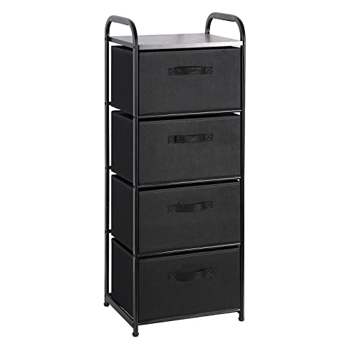 MAX Houser 4 Drawer Fabric Dresser Tall Storage Tower, Dresser Chest with Wood Top, Vertical Nightstand Side Organizer Unit with Metal Frame for Closets Bedroom Nursery Room Hallway(Black)