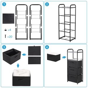 MAX Houser 4 Drawer Fabric Dresser Tall Storage Tower, Dresser Chest with Wood Top, Vertical Nightstand Side Organizer Unit with Metal Frame for Closets Bedroom Nursery Room Hallway(Black)