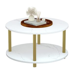 round coffee table for living room，31.5’’ 2 tier modern gold coffee table with open storage shelf,gold metal legs and white faux marble table top