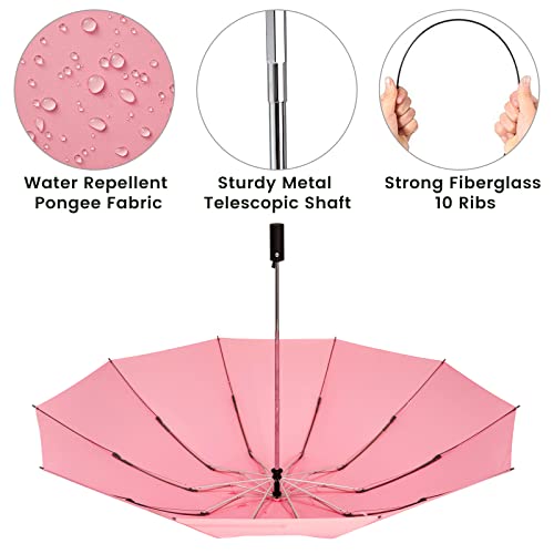 G4Free Large Umbrella 54 Inch Windproof Travel Umbrellas for Rain, Small Compact Reverse Folding Umbrella with 10 Ribs Automatic Open Close (Pink)