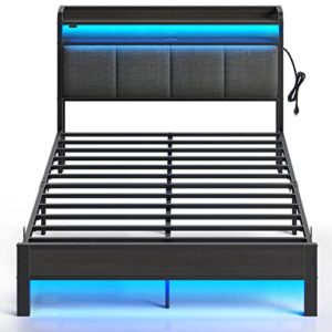 rolanstar bed frame full size with charging station and led lights, upholstered headboard with storage shelves, heavy duty metal slats, no box spring needed, noise free, easy assembly, dark grey