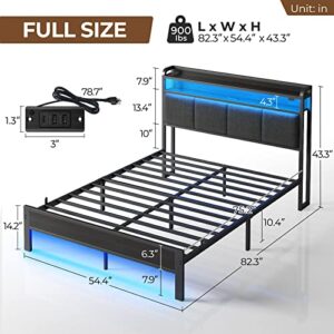 Rolanstar Bed Frame Full Size with Charging Station and LED Lights, Upholstered Headboard with Storage Shelves, Heavy Duty Metal Slats, No Box Spring Needed, Noise Free, Easy Assembly, Dark Grey