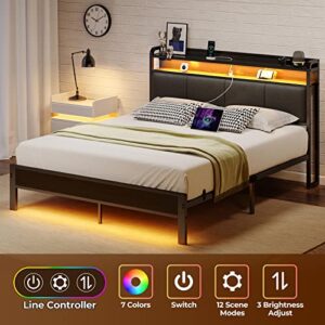 Rolanstar Bed Frame Full Size with Charging Station and LED Lights, Upholstered Headboard with Storage Shelves, Heavy Duty Metal Slats, No Box Spring Needed, Noise Free, Easy Assembly, Dark Grey