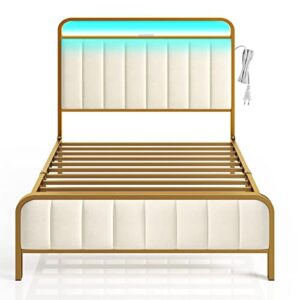 rolanstar bed frame twin size with charging station and led lights, upholstered velvet bed with headboard footboard, heavy duty metal slat, no box spring need, noise free, easy assembly, golden color