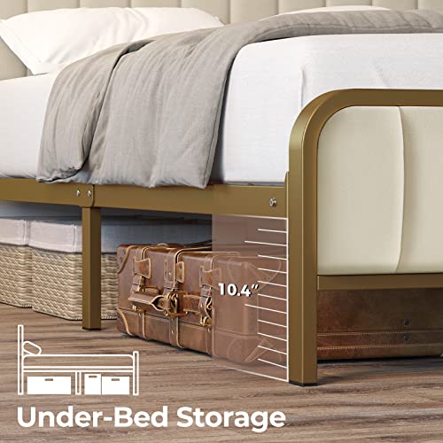 Rolanstar Bed Frame Twin Size with Charging Station and LED Lights, Upholstered Velvet Bed with Headboard Footboard, Heavy Duty Metal Slat, No Box Spring Need, Noise Free, Easy Assembly, Golden Color