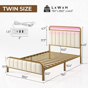 Rolanstar Bed Frame Twin Size with Charging Station and LED Lights, Upholstered Velvet Bed with Headboard Footboard, Heavy Duty Metal Slat, No Box Spring Need, Noise Free, Easy Assembly, Golden Color