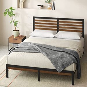 zinus kai bamboo and metal platform bed frame with headboard / no box spring needed / easy assembly, queen, brown