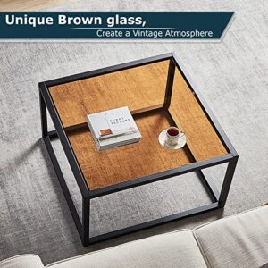 SAYGOER Glass Coffee Table Modern Coffee Tables Simple Square Center Table for Living Room Home Office Tempered Glass-top with Sturdy Metal Frame 26.7 x 26.7 x 15.7 Inches Easy Assembly, Brown Glass