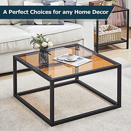 SAYGOER Glass Coffee Table Modern Coffee Tables Simple Square Center Table for Living Room Home Office Tempered Glass-top with Sturdy Metal Frame 26.7 x 26.7 x 15.7 Inches Easy Assembly, Brown Glass