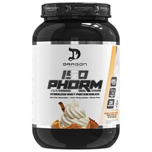 dragon pharma hydrolized whey protein isolate, fast absorption, gluten free, 100% whey protein, isophorm, maximize recovery, great tasting, 25 grams per serving (31 servings, vanilla soft serve)