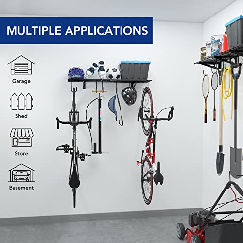 FLEXIMOUNTS Garage Wall Shevling, 1x4 ft w/ 6 Bike Hooks, 1-Pack Wall Shelf Garage Organization System w/ Bike Hangers, Garage Storage Rack Floating Shelves, 150lbs Weight Capacity