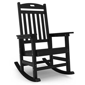yefu outdoor rocking chair, poly lumber patio rocker chair with high back, poly rocking chair look like real wood, widely used for lawn, porch, backyard, indoor and garden,380lb heavy duty(black)