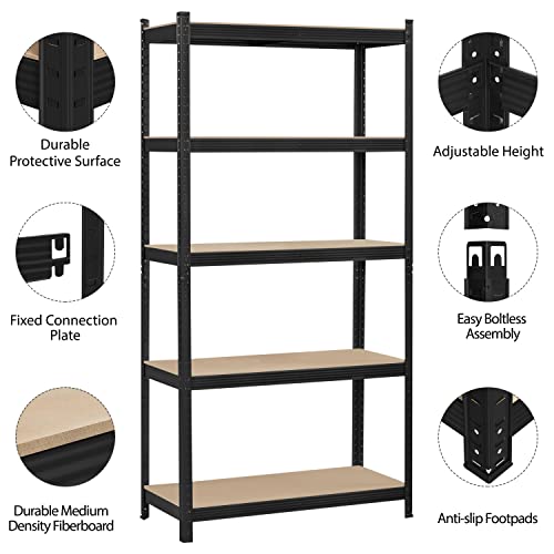 Topeakmart 5-Tier Utility Shelves, Metal Storage Shelves Garage Shelving Unit Adjustable Garage Storage Shelves Storage Racks Heavy Duty Shed Shelving- Black, 35.5 x 16 x 71 Inch