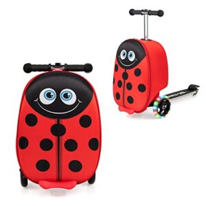 honey joy kids scooter suitcase, 18” children carry on scooter luggage w/light-up led wheels, waterproof shell & retractable handle, lightweight foldable ride on suitcase for kids boys girls(red)