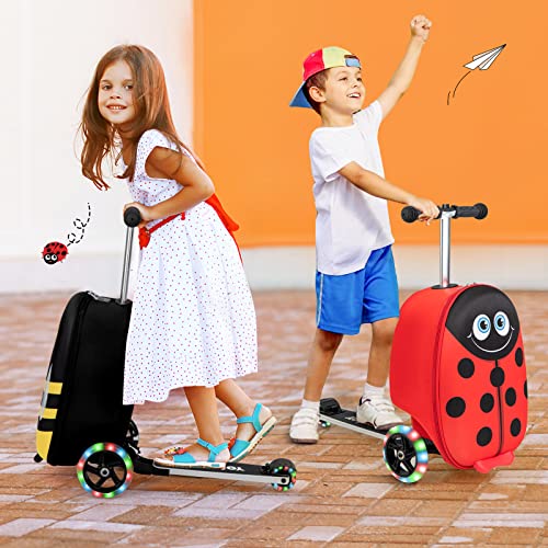 HONEY JOY Kids Scooter Suitcase, 18” Children Carry on Scooter Luggage w/Light-up LED Wheels, Waterproof Shell & Retractable Handle, Lightweight Foldable Ride on Suitcase for Kids Boys Girls(Red)