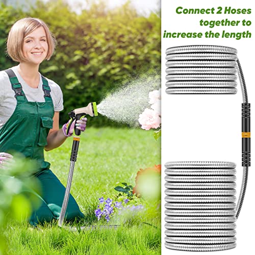 Unywarse Metal Garden Hose 50ft, Stainless Steel Heavy Duty Water Hose with 10 Function Nozzle Flexible, Lightweight, Kink Free & Tangle Free, Pet Proof, Puncture Proof Hose for Yard, Outdoor