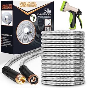 unywarse metal garden hose 50ft, stainless steel heavy duty water hose with 10 function nozzle flexible, lightweight, kink free & tangle free, pet proof, puncture proof hose for yard, outdoor